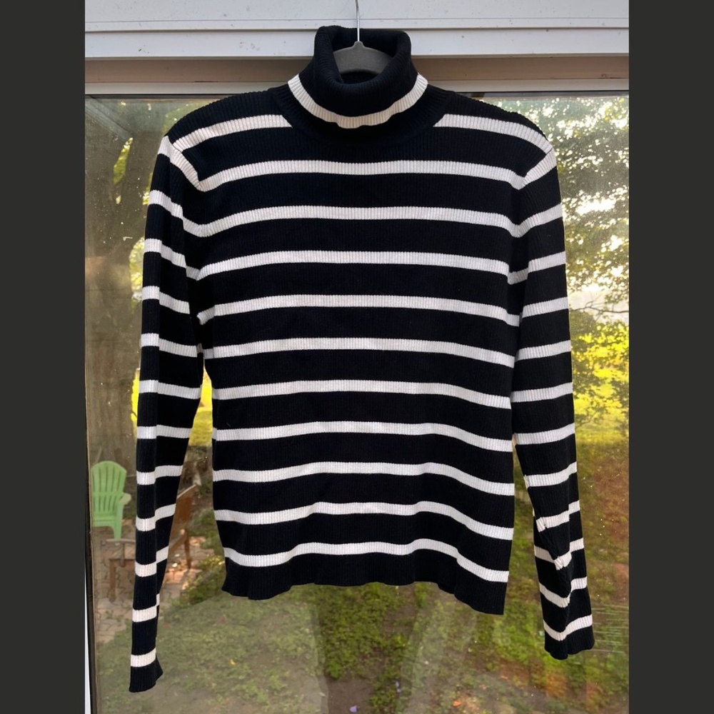 Crystal Kobe Ribbed Turtleneck Sweater Black with White Stripes Women's Size XL